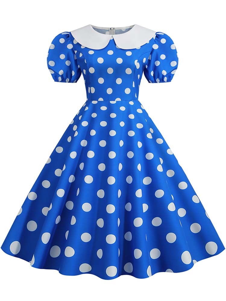 Elegant Women Summer Dress Puff Short Sleeve Polka Dot Peter pan Collar Vintage A-line Midi Long Party Sundress