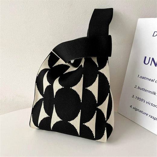 Black White Knit Handbag Handmade Tote Bag Reusable Shopping Bags Women Girls Casual Knot Wrist Bag Outdoor Storage Bag 12Colors