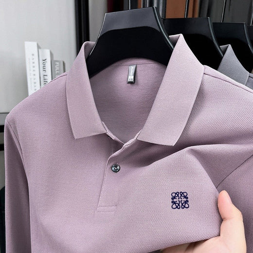 100% pure cotton spring and autumn fashionable men's collar striped long sleeved polo shirt brand embossed casual T-shirt