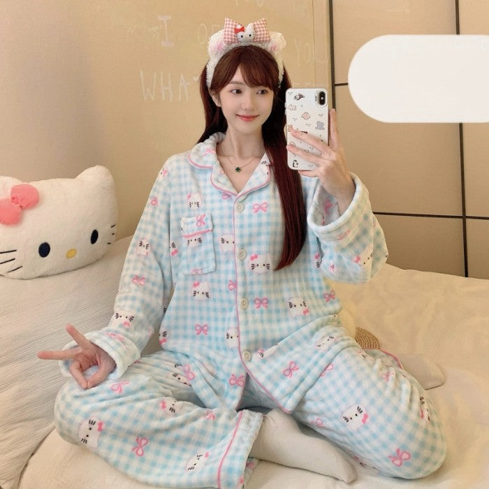 Winter Pajamas Lapel Neck Women's Pajamas Long Sleeve Kawaii Dog Warm Sleepwear Harajuku Style Cute Casual Pajamas Two-Piece