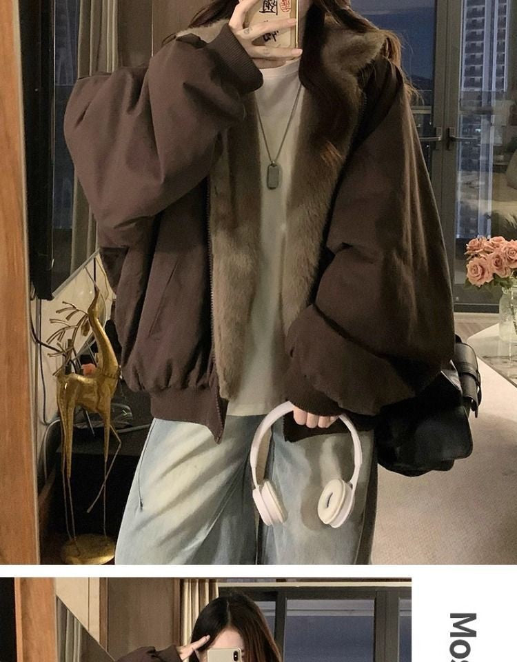 American Retro Reversible Velvet Zipper Hooded Jacket Women Winter Fashion Street Thick Loose Warm Harajuku Casual Plush Jacket