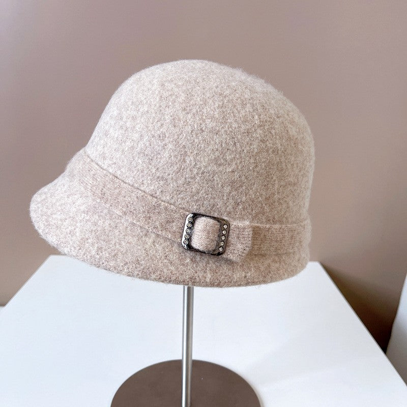 Japanese Wool Hat Women's Autumn and Winter Warm Knitted Hat Diamond Buckle Ribbon Fisherman Hat Front and Back Small Basin Hat