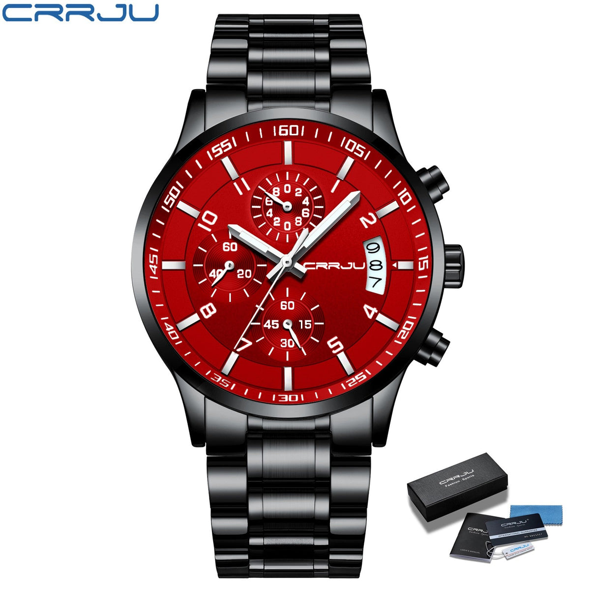 CRRJU Men Quartz Wristwatches Luxury Brand Sporty Chronograph Watches with 316 Stainless Steel Luminous Hands Male Clock Red