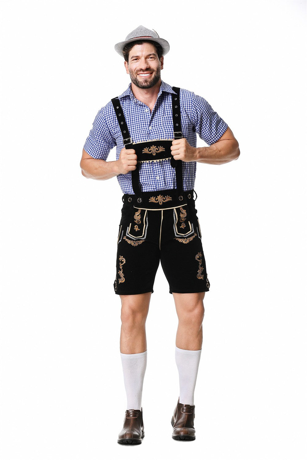 Male Oktoberfest Lederhosen Costume Bavarian Octoberfest German Beer Costume Shirt Suspender Shorts Hat Cosplay Costumes
