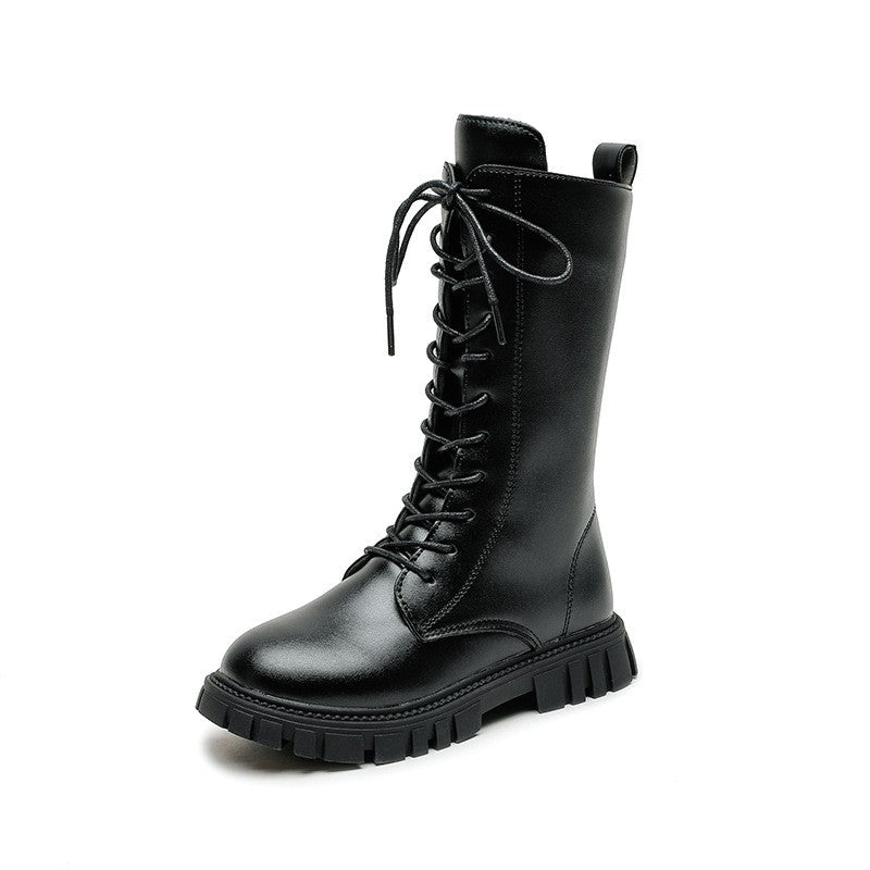 2025 Autumn/Winter Fashion Cool Baby Girls Warm Square Heel Round Toe Casual Lace-Up Comfortable Kids Black Mid Boots