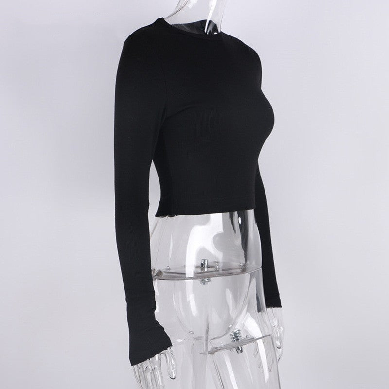 O Neck Long Sleeve Shirt Women Ribbed Sexy Cropped Tops 2024 Spring Black Casual Skinny Slim Basic Woman T Shirts White