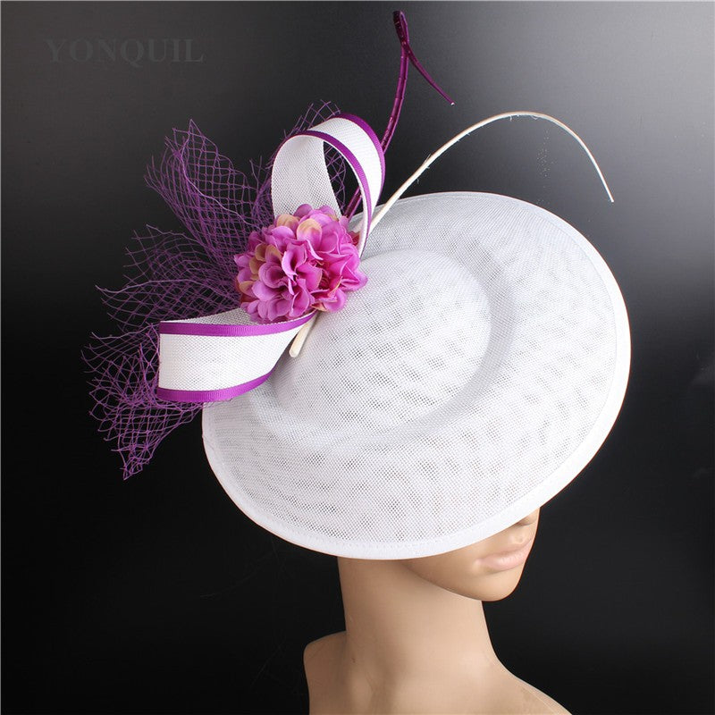 New Design Yellow With Purple Hair Fascinator Hat Headband Bridal Wedding Party Headpiece Mesh Ladies Occasion Hair Accessories