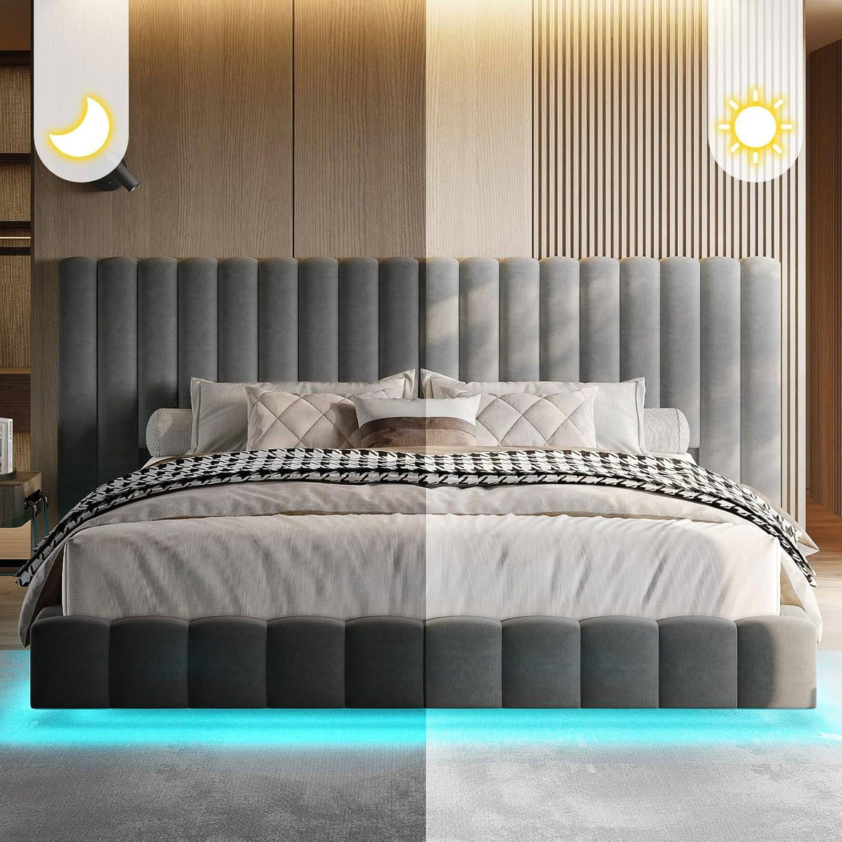 Queen Bed Frame with LED Lights and Upholstered Oversized Headboard, Modern Velvet Platform with Floating Design, No Box