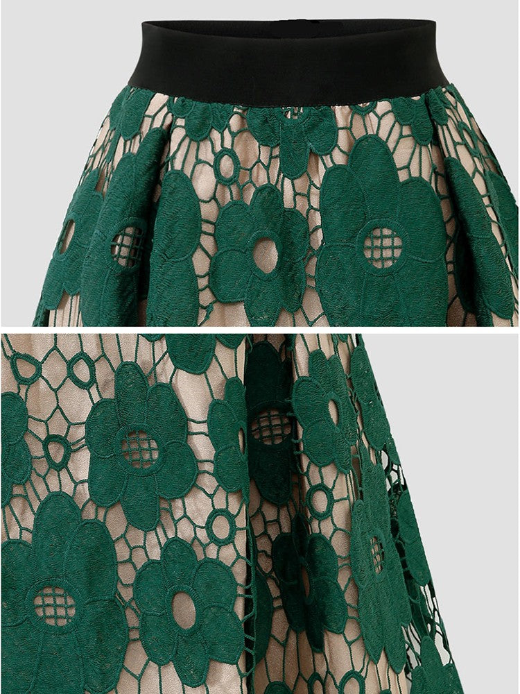 Summer Boho Lace Skirts Women Vintage Mesh Hollow Out Plus Size Skirt Elastic Waist Elegant A-Line Midi Saias Black Red Green
