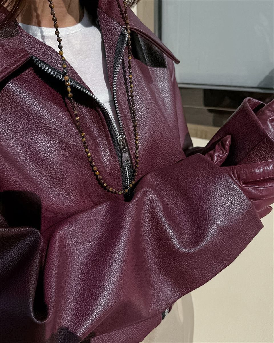 Women Vintage Wine Red Faux Leather Jakcet Fashion Outerwear Zipper Lapel Pu Coats Autumn Winter Streetwear Ladies Short Tops