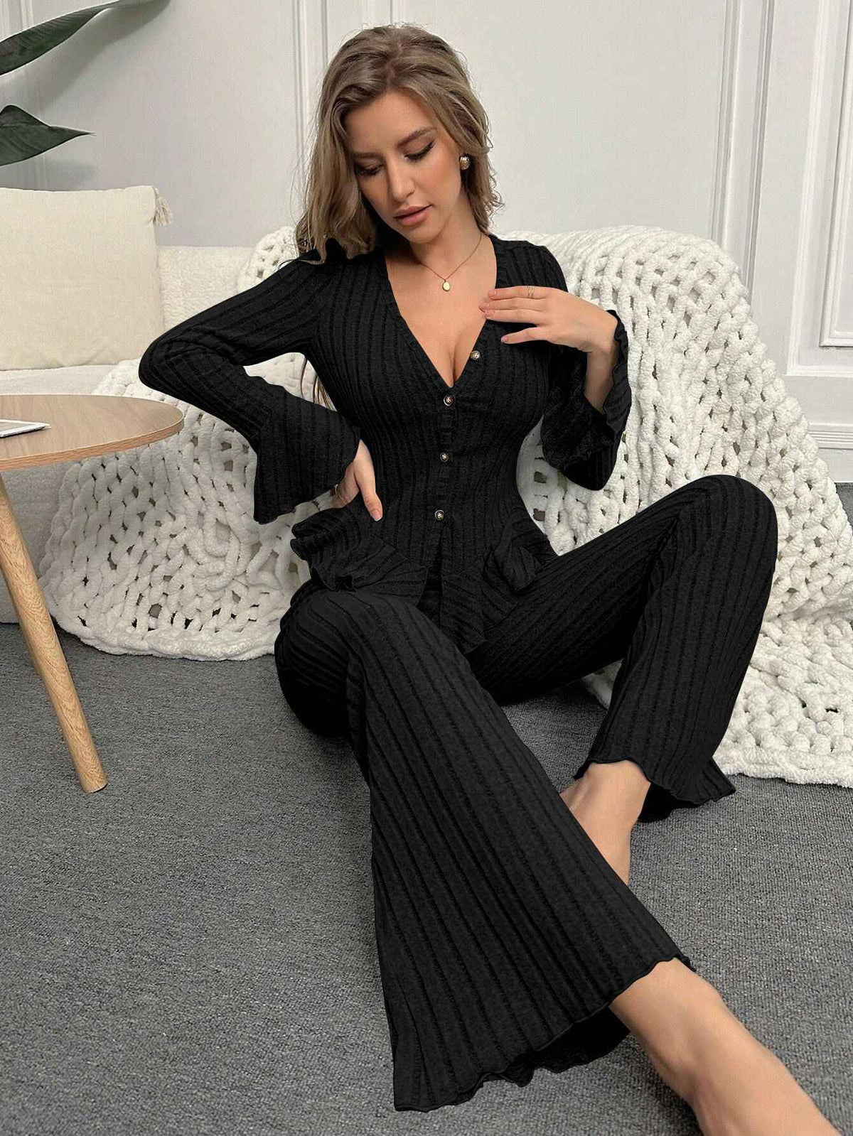 Home Wear Sexy V-neck Fashionable Length Pants Set Autumn Winter Comfortable Casual Slim Fit Women Two-piece Set pajama