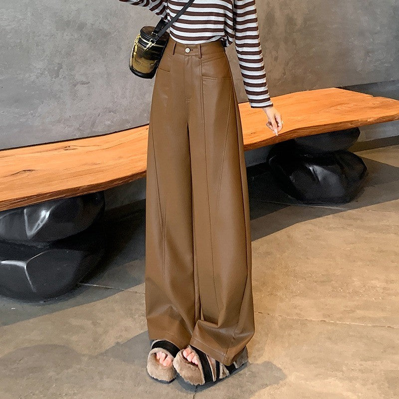 2025 New High Waist Vintage Black Women's PU Leather Wide-Leg Pants Loose Straight Retro Casual Floor-Length Pant Autumn Winter