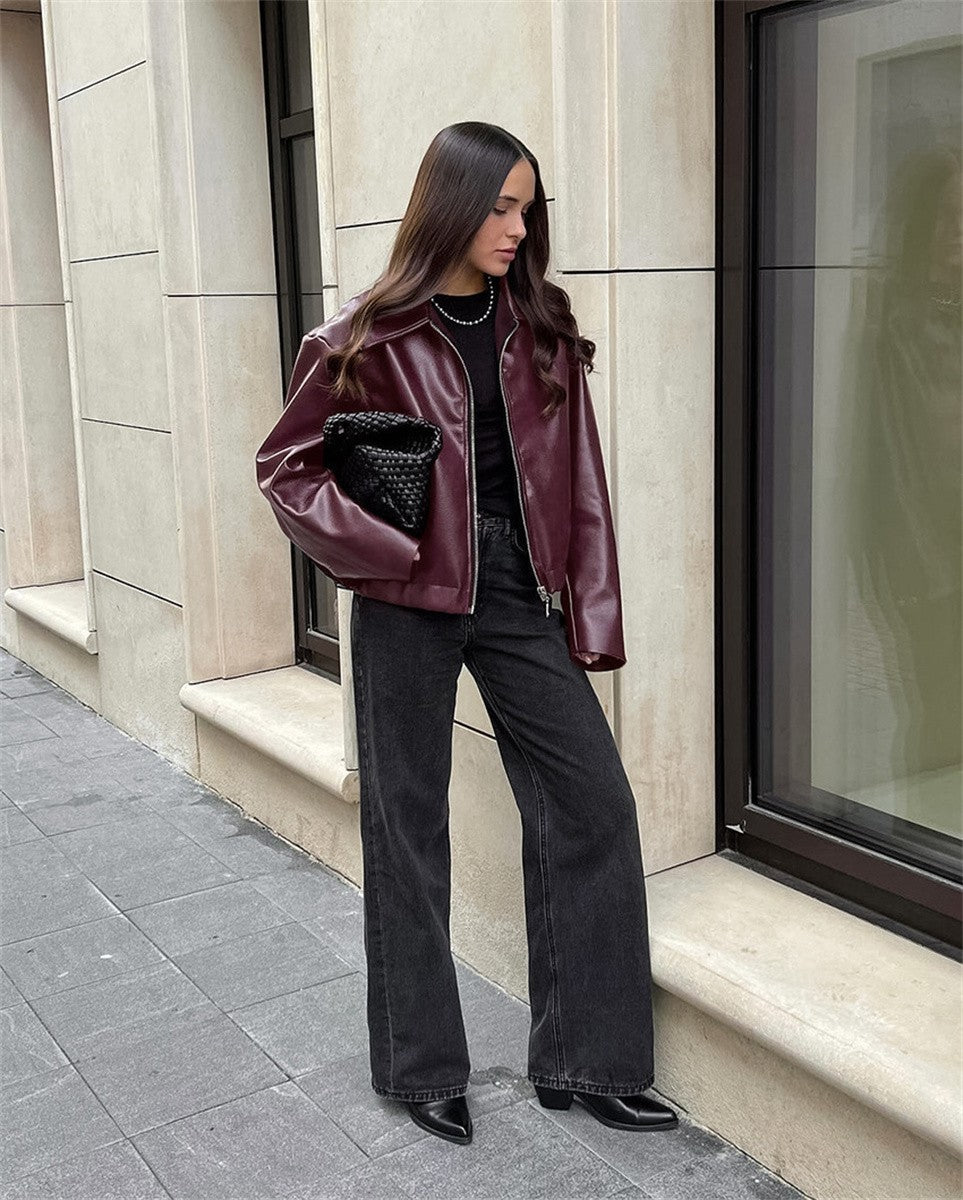 Women Vintage Wine Red Faux Leather Jakcet Fashion Outerwear Zipper Lapel Pu Coats Autumn Winter Streetwear Ladies Short Tops