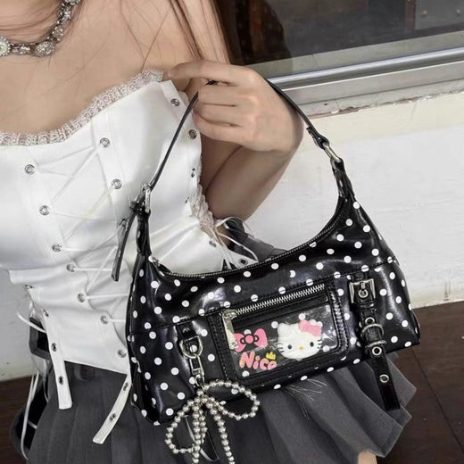 Retro oil wax leather crossbody bag, contrasting polka dot mini armpit bag, girls' shoulder bag