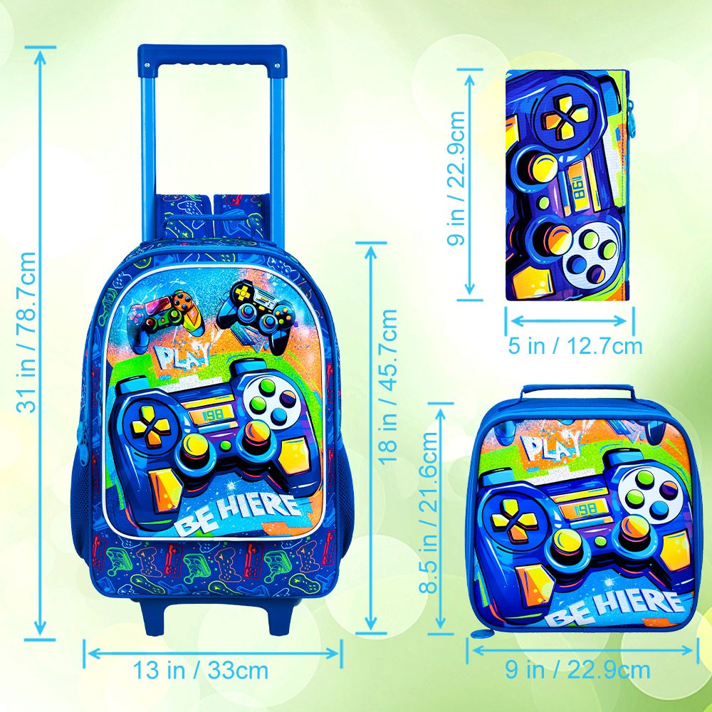 3PCS Rolling Backpack for Boys, Kids Roller Bookbag with Wheels, Gamer Wheeled School Backpack for Elementary Preschool Kinderga