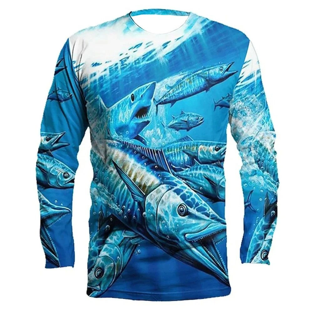 Men's Fishing 3D Printed Long Sleeve T-Shirt - Crew Neck Retro Casual Wear, Ideal for Autumn Leisure & Outdoor Activities