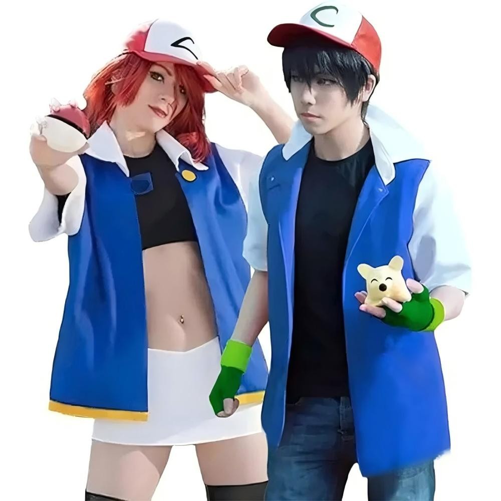Men's Anime Trainer Cosplay Costume, Adult Ash Ketchum Outfit with Blue Jacket, Cap and Gloves, Unisex Halloween Party Disfraz