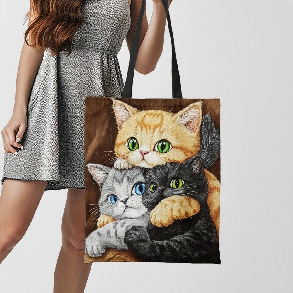 Cute Snuggling Kittens Tote Bag Durable Polyester Foldable Reusable Shopping Bag with Colorful Cat Large Capacity Handbag