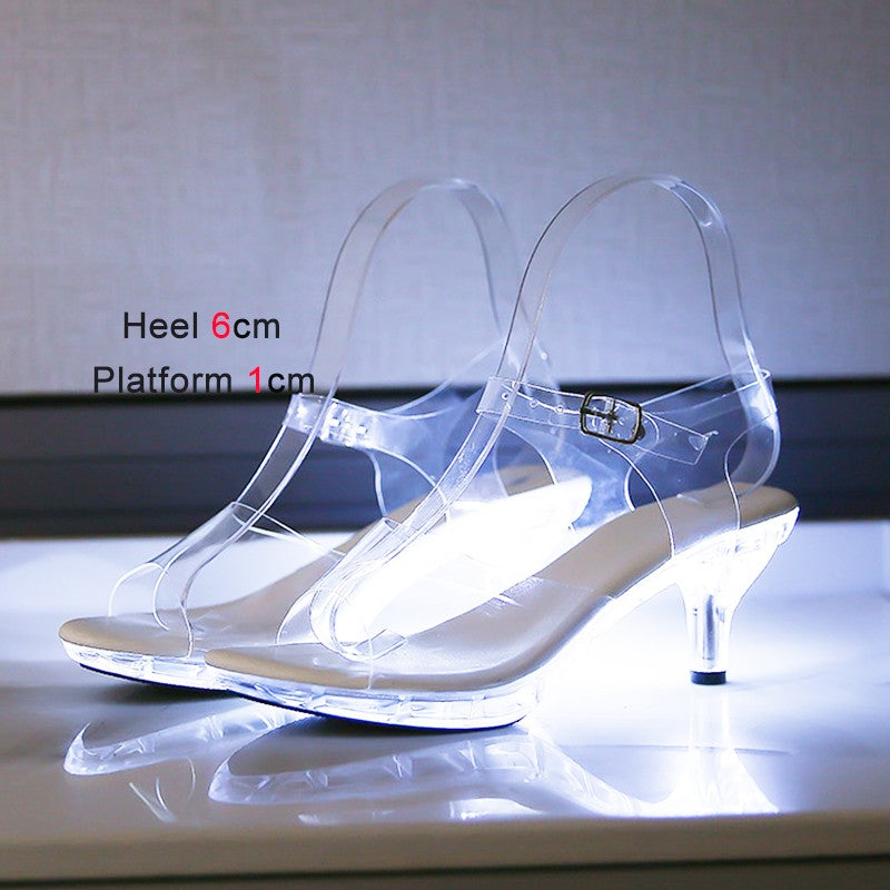 LED luminescent Sandals 6CM Kitten Heel Summer Fashion Nightclub Transparent Crystal Car Model Clear High Heels Girls Party Shoe