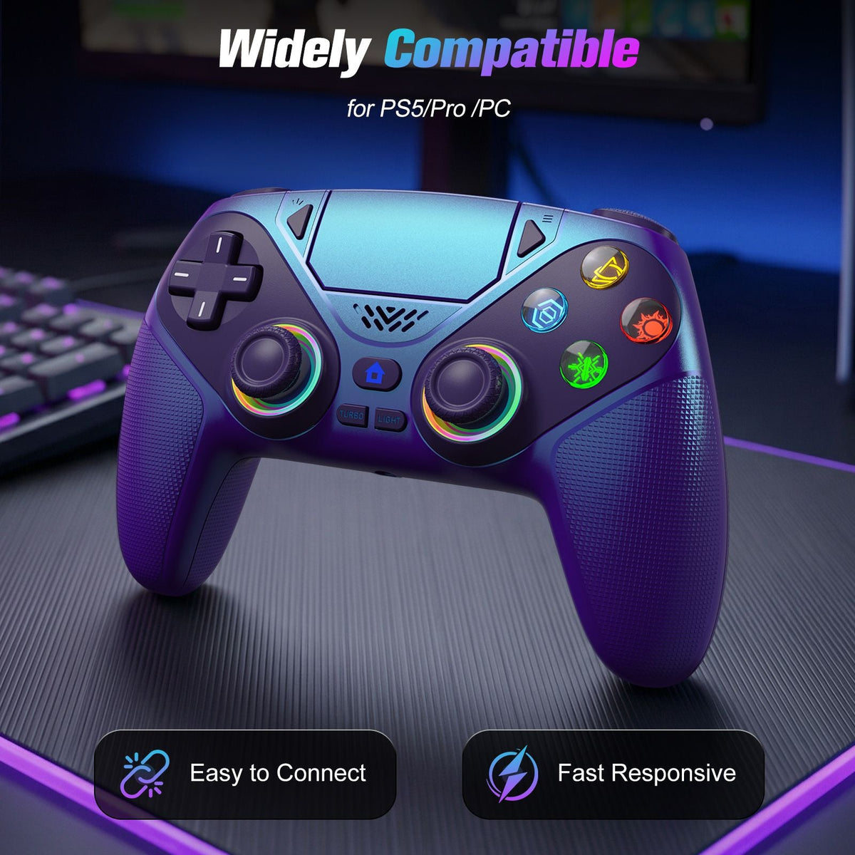 Controller For Playstation5 PS5/PS5 Pro/Slim/PC,RGB Wireless Gamepad Hall Effect Trigger Marco/Turbo Anti-Drift Game Joystick