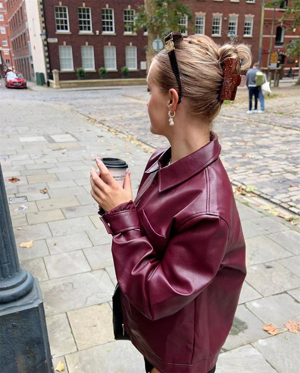 Women Vintage Wine Red Faux Leather Jakcet Fashion Outerwear Zipper Lapel Pu Coats Autumn Winter Streetwear Ladies Short Tops
