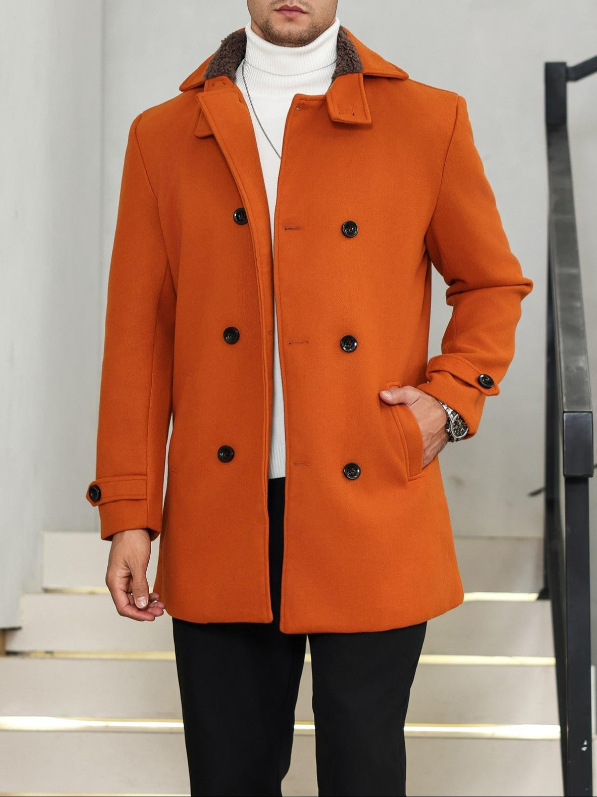 1 PCS Men's Woolen Overcoat, Open Front Coat with Fur Collar, Dual Button Design, Long Sleeve Casual Jacket with Pockets, Comfor