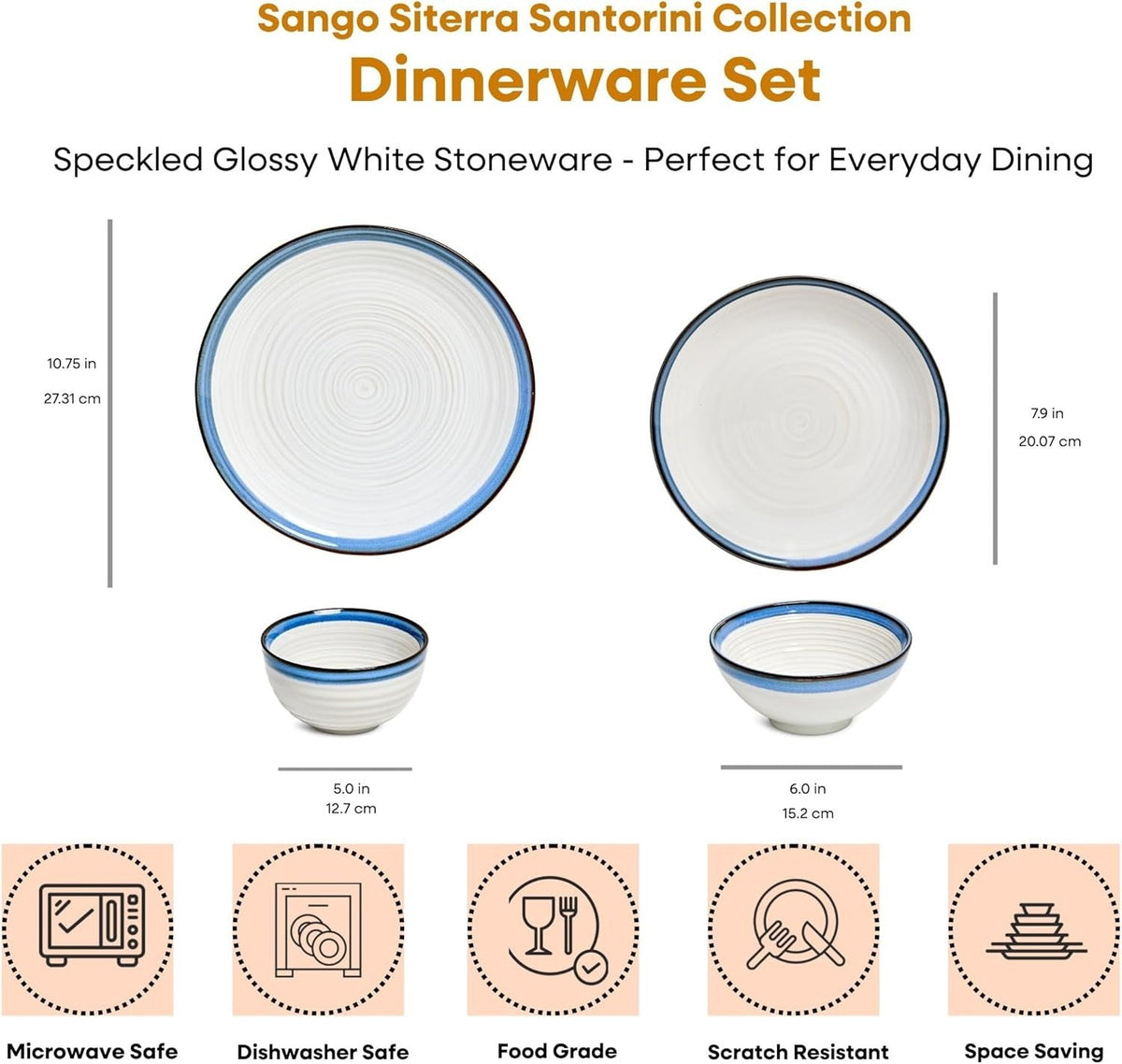 Siterra Santorini 16-Piece White Stoneware Dinnerware Set - Service for 4, Plate & Bowl Set, Rustic White with Reactive Blue Gla