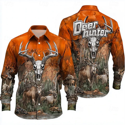 Retro Men's 3D Reindeer Print Shirt Men's Long-sleeved Shirt Breathable Casual Button Loose Top Ethnic Retro Lapel Shirt