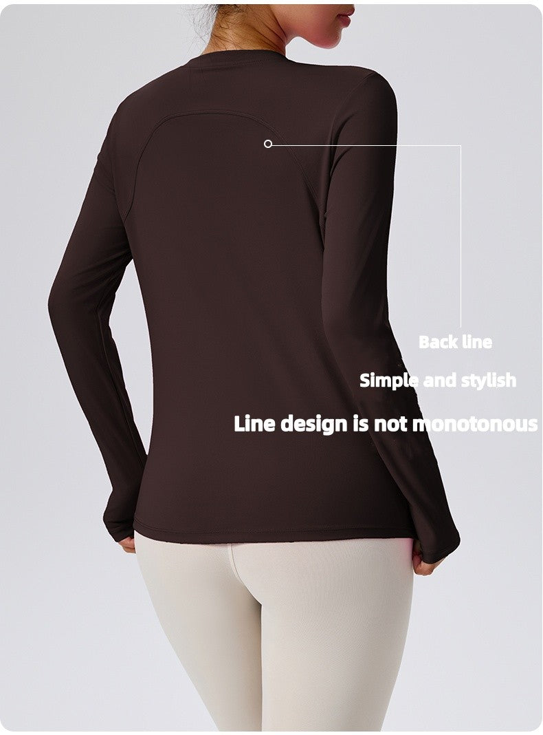 Naked Spring and Autumn Round Neck Fitness Yoga Clothing, Slimming and Slimming Base, Sports Top, Pilates Long Sleeve, Female