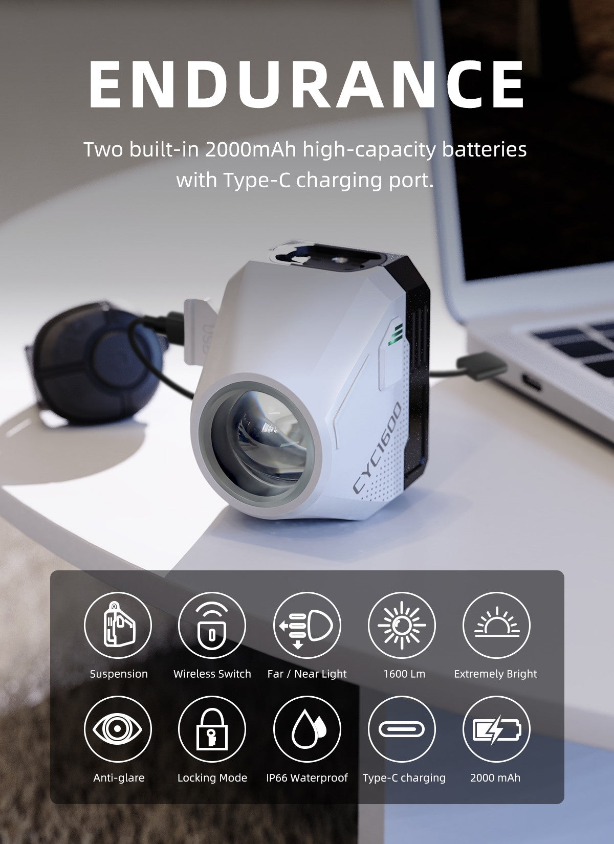 CYCLAMI Hanging Bike Headlight GoPro Ultra Bright Wireless Remote Front Lamp MTB Road High Brightness White CYC 1600 Lumen Light