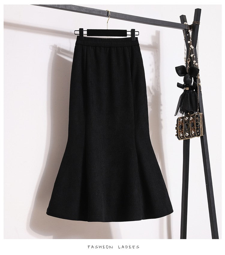Plus Size Skirt Women 2024 Winter High Waist Elastic Velvet A Line Mermaid Skirt Korean Style Elegant Brown Or Black Long Skirts
