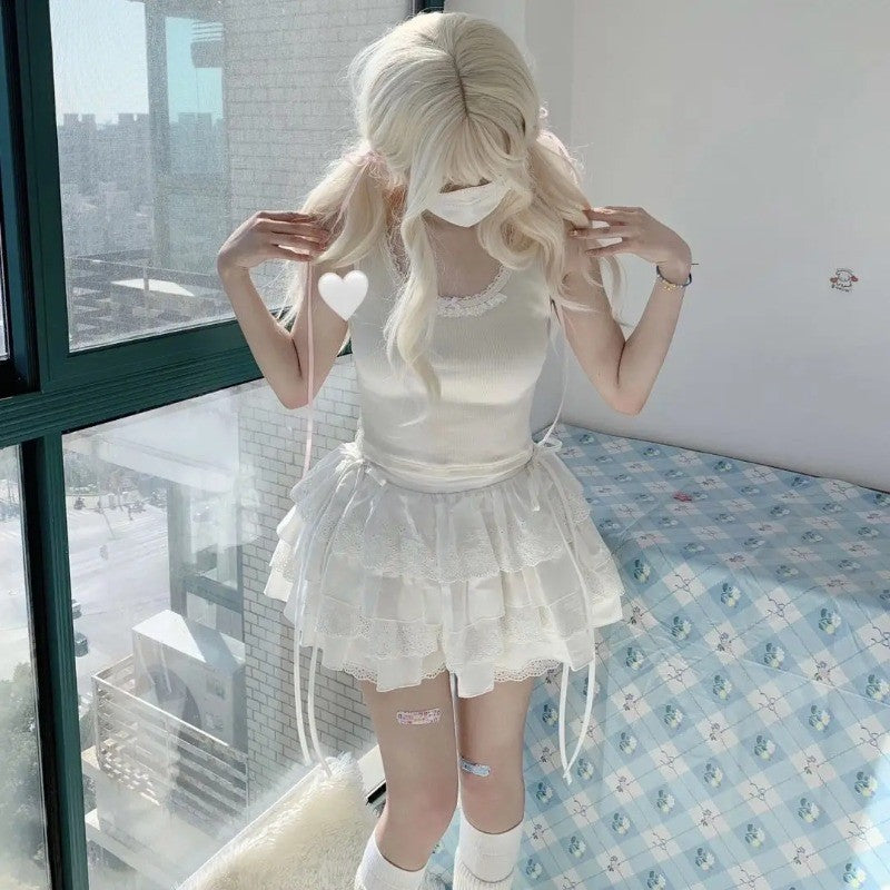 Summer White Mini Skirts Women Lace Patchwork Sweet A-line Slim High Street Bow Korean Fashion Y2k Skirt Harajuku Streetwear Ins