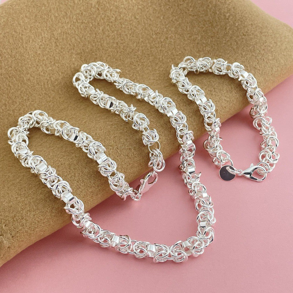 925 Sterling Silver Jewelry Set Braided Multi-ring Shrimp Clasp Necklace Bracelet Set Women's Fashion Simple Party Jewelry Gift