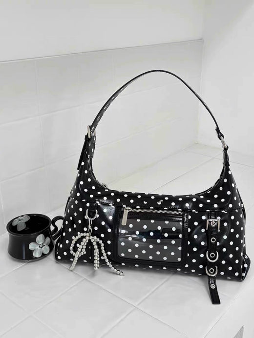 Retro oil wax leather crossbody bag, contrasting polka dot mini armpit bag, girls' shoulder bag