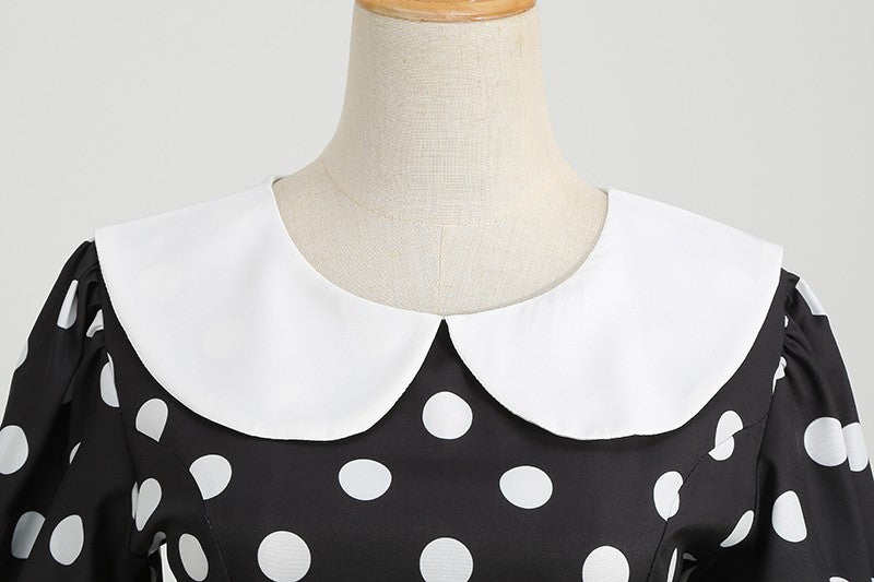 Elegant Women Summer Dress Puff Short Sleeve Polka Dot Peter pan Collar Vintage A-line Midi Long Party Sundress