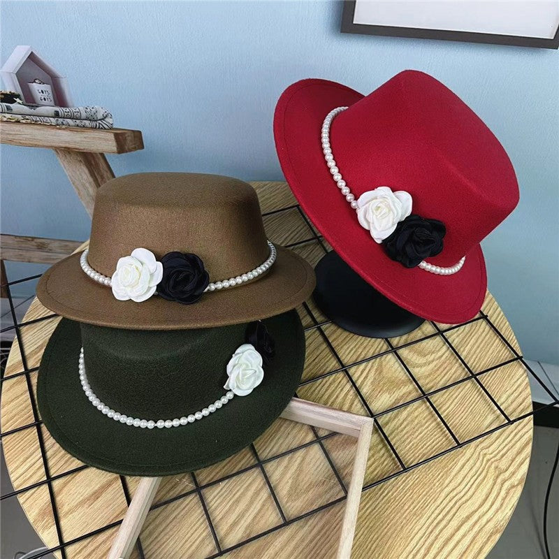 Women's Floral Chain Fedora High Fashion with Pearl Pins Bump Cap Black White Autumen Winter Ladies Fedoras Wide Brim Girl Hat