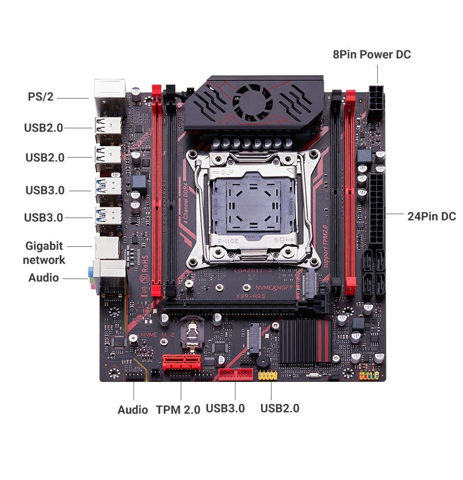 QIYIDA X99 motherboard TPM 2.0Interface LGA 2011 3 with NVME NGFF M.2 Support 4 channels X99 C612chip DDR4 Memory SATA3.0 USB3.0