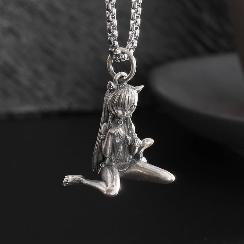 Silver-Plated Anime Mecha Beautiful Girl Girl Pendant Necklace Men and Women Hip-Hop Rock Punk Trendy Jewelry Gift