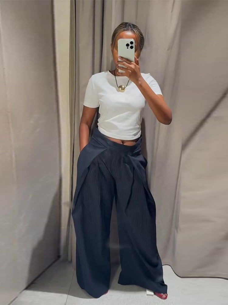 Casual Striped Loose Pants Women High Waist Pleated Straight Long Wide Leg Trousers Female 2025 Fashion Autumn Lady Bottoms