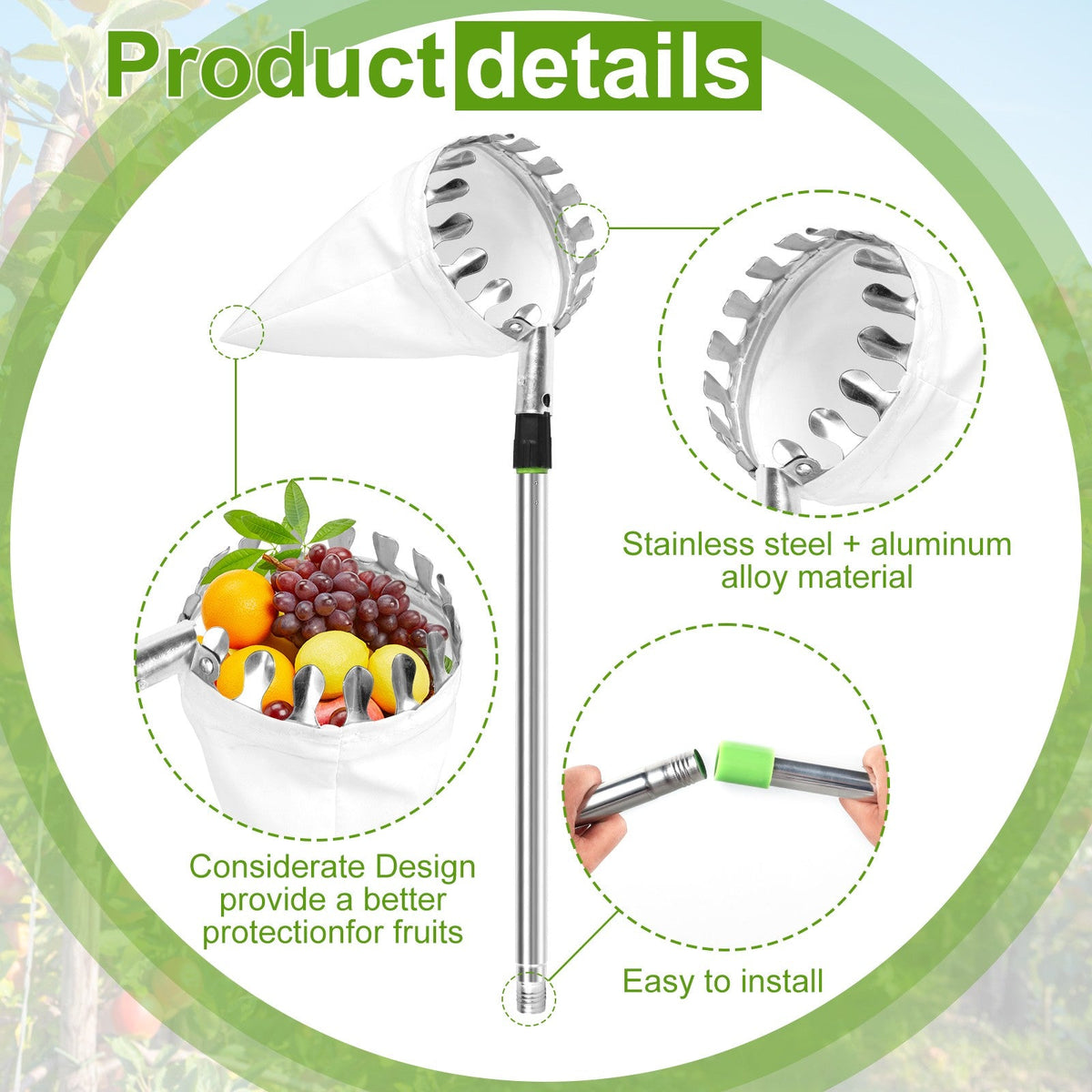 3.2M Fruit Picker Tool Metal Gardening Orchard Picking Tool with Storage Bag Fruit Catcher for Cherry Berry Orange Lemon Pear