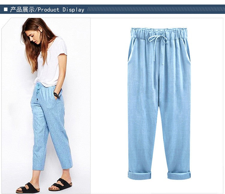 Cotton Linen Pants, Elastic Mid Waist Ankle Length Pant, Casual Women Loose Spring Pants, Female Slacks Size M-5XL 6XL 7XL 8XL