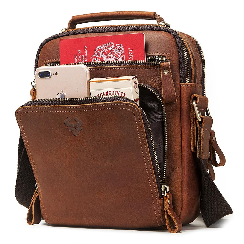 HUMERPAUL Genuine Leather Men's Shoulder Bag Vintage Cross Bags Large Capacity Male Messenger Tote Bag Travel Bolso Hombres