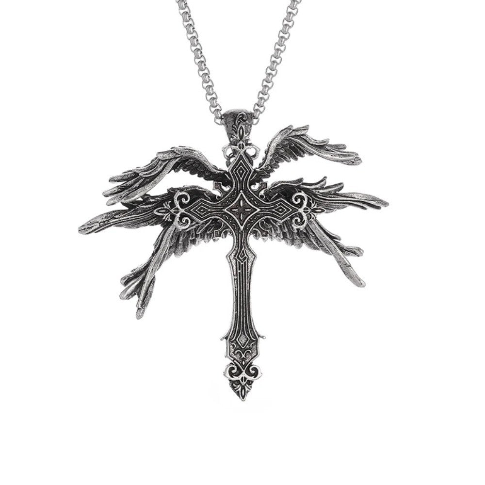 Retro Gothic Jesus Wings Cross Pendant Necklace Jewelry for Men Women Large Vintage Dark Punk Religious Amulet Necklaces Gifts