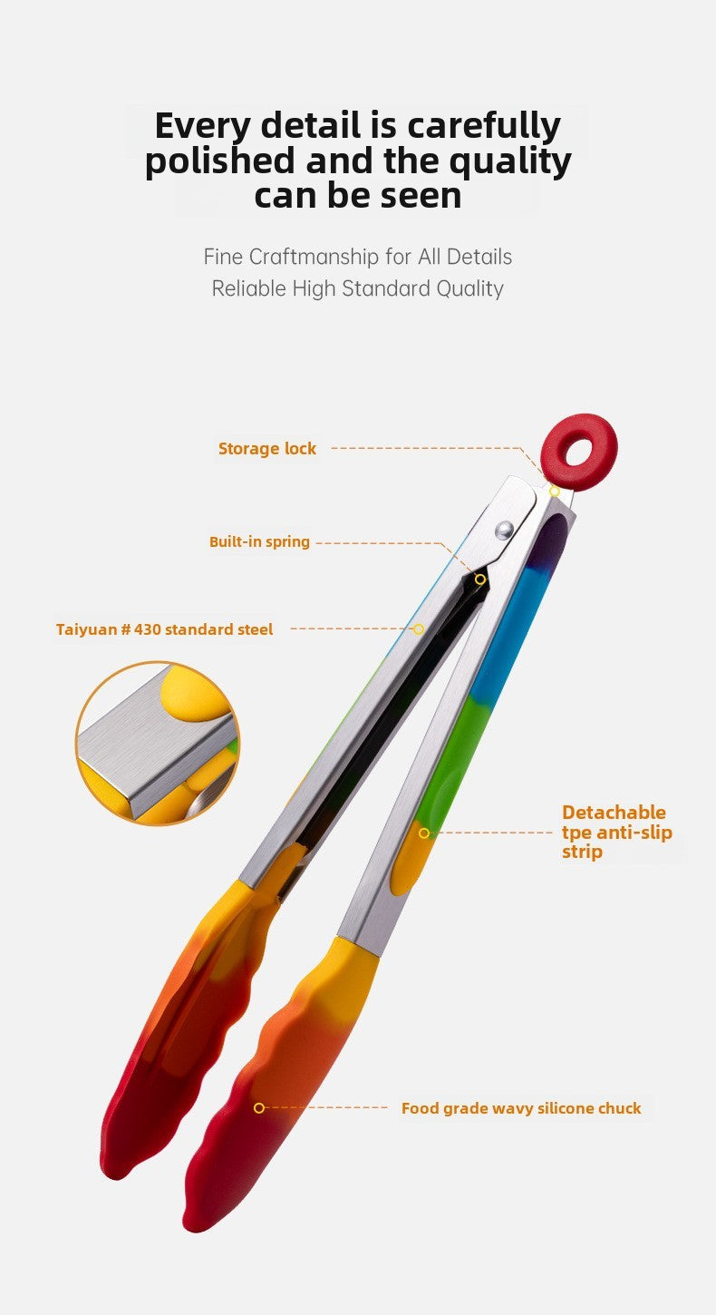 Heat-resistant silicone food tongs kitchen tool stainless steel food tongs anti-scald steak tongs barbecue tongs bread tongs