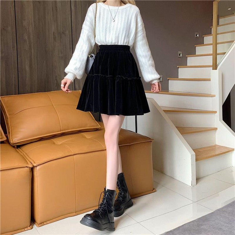 Black Velvet Patchwork Mini Skirt Women Sweet Solid A Line High Waist Skirt Fashion Pretty Style Pleated Summer Student Skirt