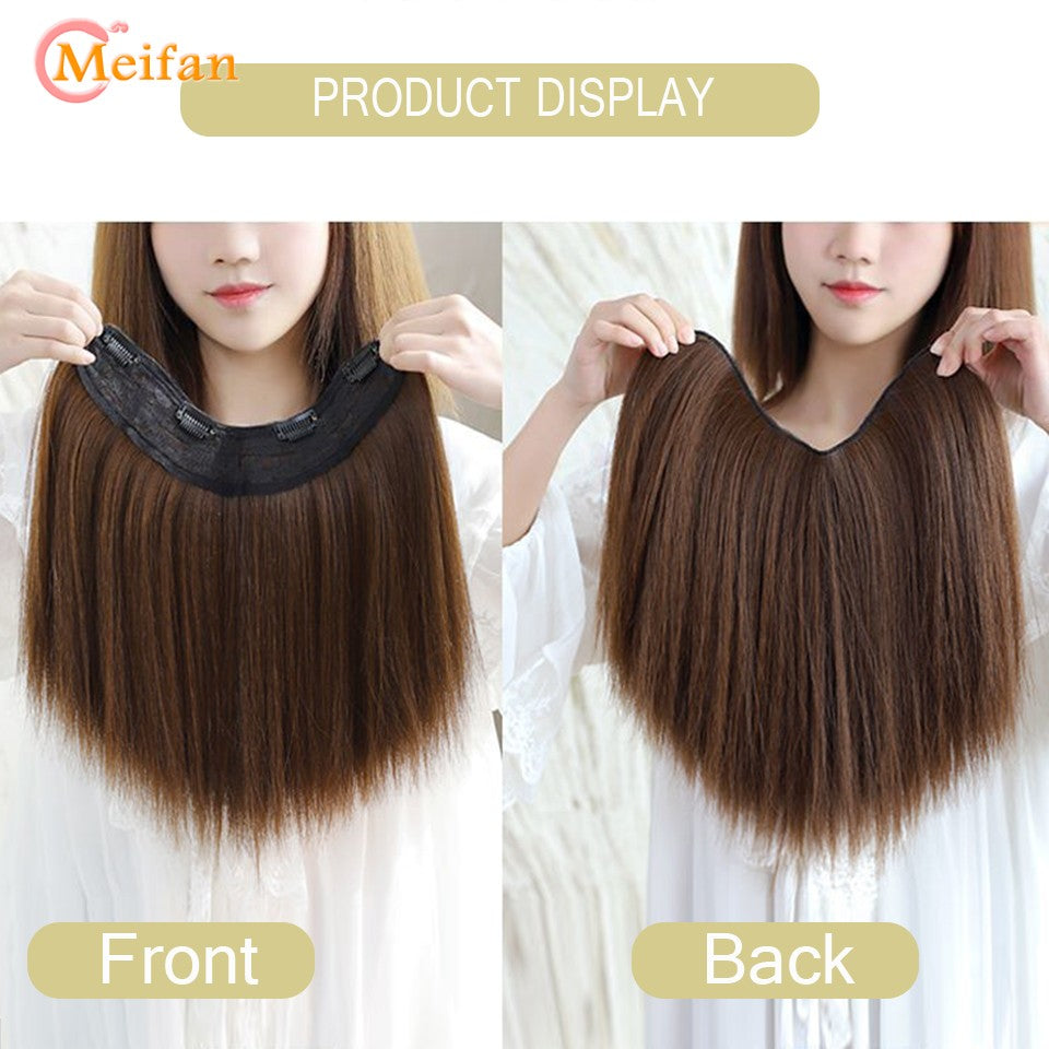 MEIFAN Synthetic Long Straight U-Shaped Half Head Wig for Women Black Brown Clips in Hair Extension Natural Fake Hairpieces