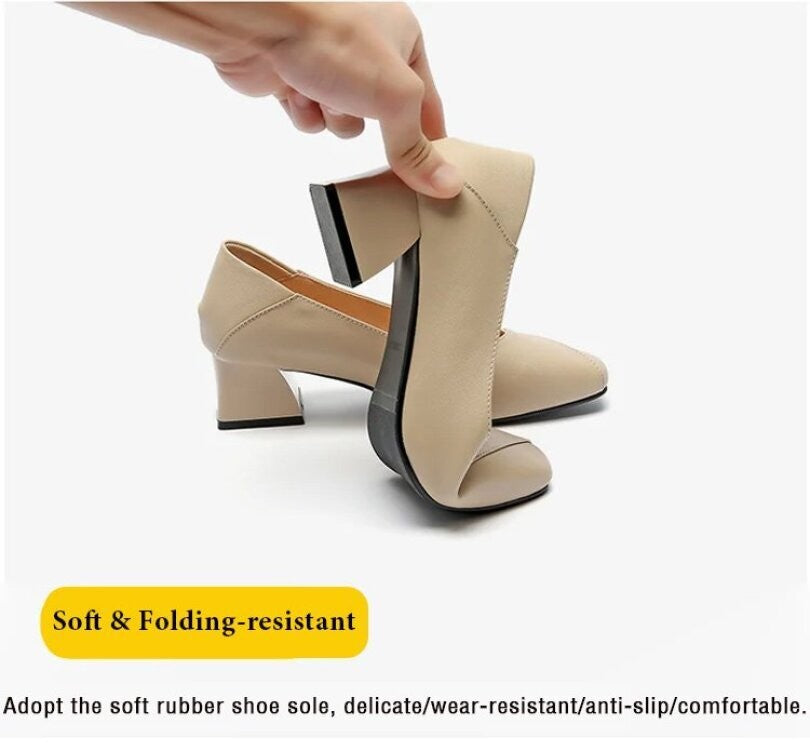 Four Seasons Shoes Soft Bottom Middle-aged Women's Shoes Chunky Heeled Mom Shoes Comfortable Casual Work Leather Shoes