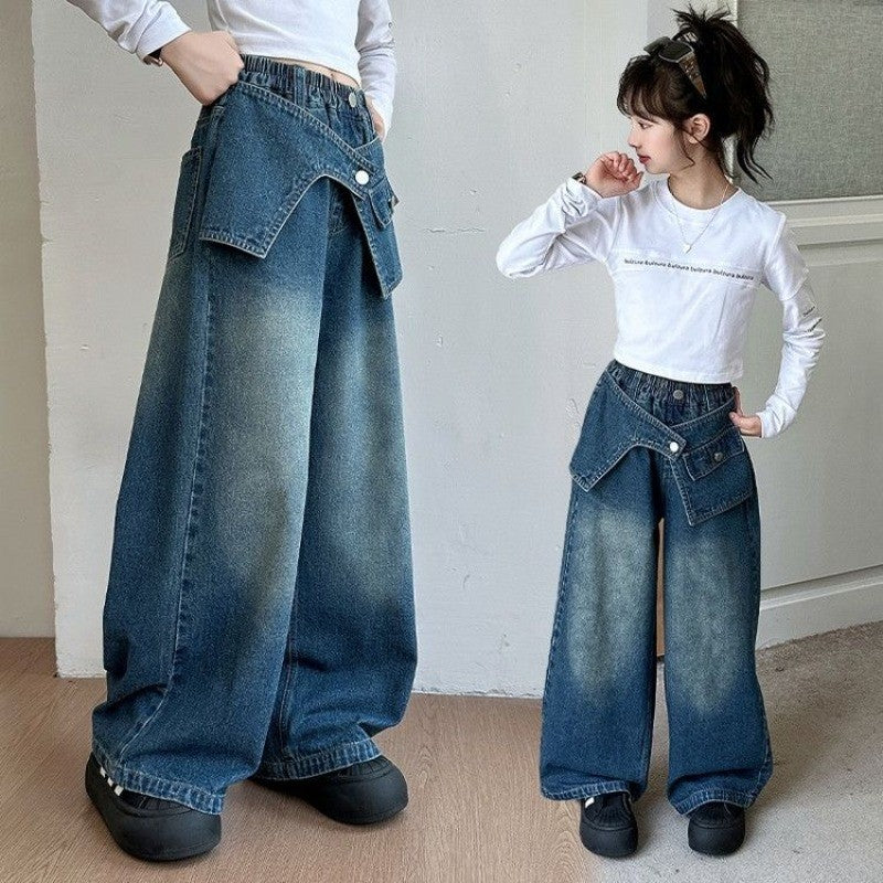 2025 Autumn Trendy Korean Style Flared Jeans for Girls - Medium & Large Kids, Ruffled Long Pants for Junior High Students