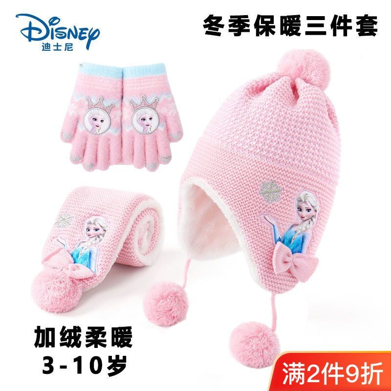Disney Elsa Cartoon Cute Student Hat and Scarf Creative Kawaii Girls Princess Winter Warm Three-Piece Set Christmas Gift