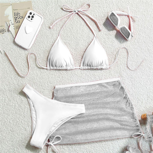 Solid Brown Swimwears String Halter Triangle 3 Piece Bikini Set Sexy Swimsuit Women 2025 Mesh Skirts Bathing Suit Bikinis Dames